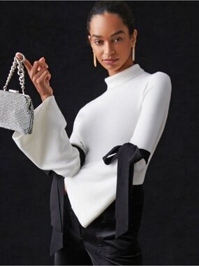 Anthropologie Maeve Mock Neck Bow Bell Sleeve Sweater Ivory Black Medium EUC